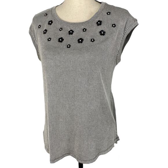 ELLE Sequin Blouse Short Sleeve Black Striped Scoopneck Top Womens XS - Picture 5 of 11